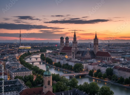Munich Skyline at Sunset: A Captivating View of Marienplatz, Frauenkirche, and the Isar River in Soft Evening Light