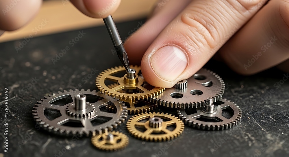 Fototapeta premium Precision in motion: Watchmaker meticulously assembling intricate clockwork gears mechanism with expert hands using
