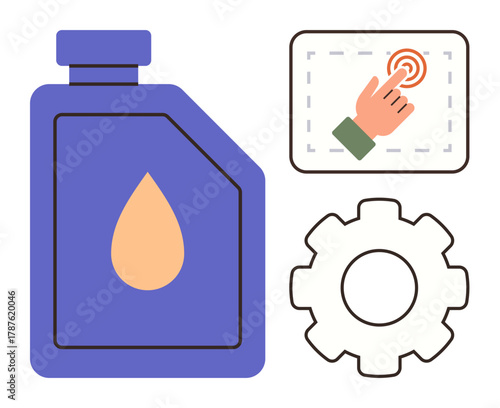 Oil container with liquid drop, gear icon symbolizing operation, hand on touchscreen for interface control. Ideal for maintenance, tools, engineering, industry, automation service workflow. Simple