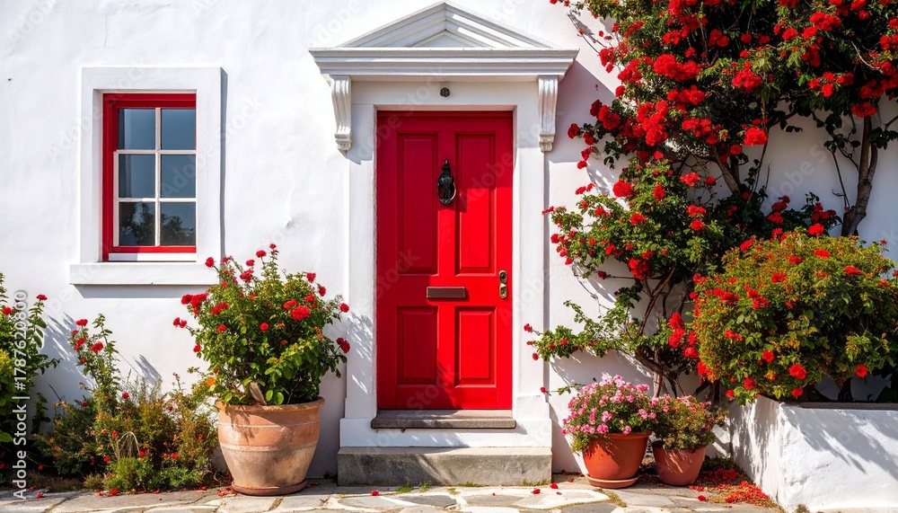 Naklejka premium Mediterranean-style house entrance with red door white wall and lush plants creating vibrant inviting atmosphere