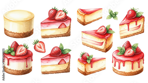 Collection of strawberry cheesecake slices and mini cakes, various angles and toppings.