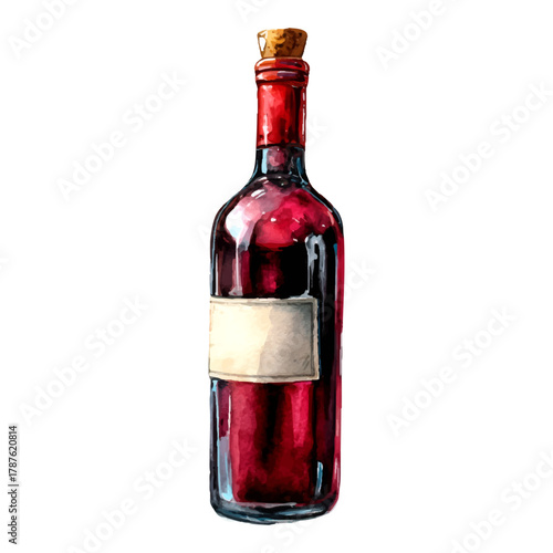 Red wine bottle featuring a rustic cork and blank label, hand painted in watercolor, showcasing alcoholic beverage for celebrations, menus, or vintage concepts on a transparent background
