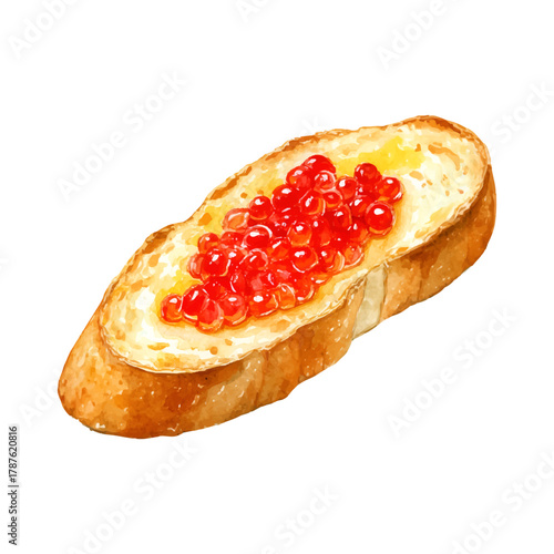 Red caviar appetizer on toasted bread slice watercolor drawing, creating a gourmet snack or elegant breakfast food with seafood delicacy texture, transparent background
