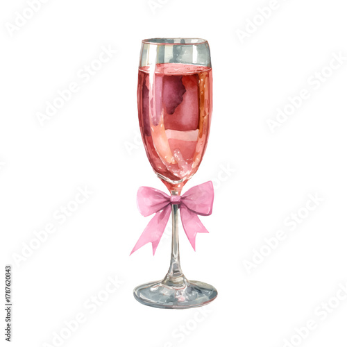 Pink sparkling wine in a flute glass, decorated with a pink bow, celebrating joyous moments, romance, and special occasions, painted in a watercolor style with a transparent background