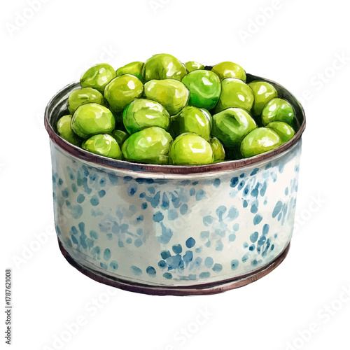 Canned green peas filling a watercolor illustrated metal tin with blue pattern, depicting preserved healthy vegetable food on transparent background
