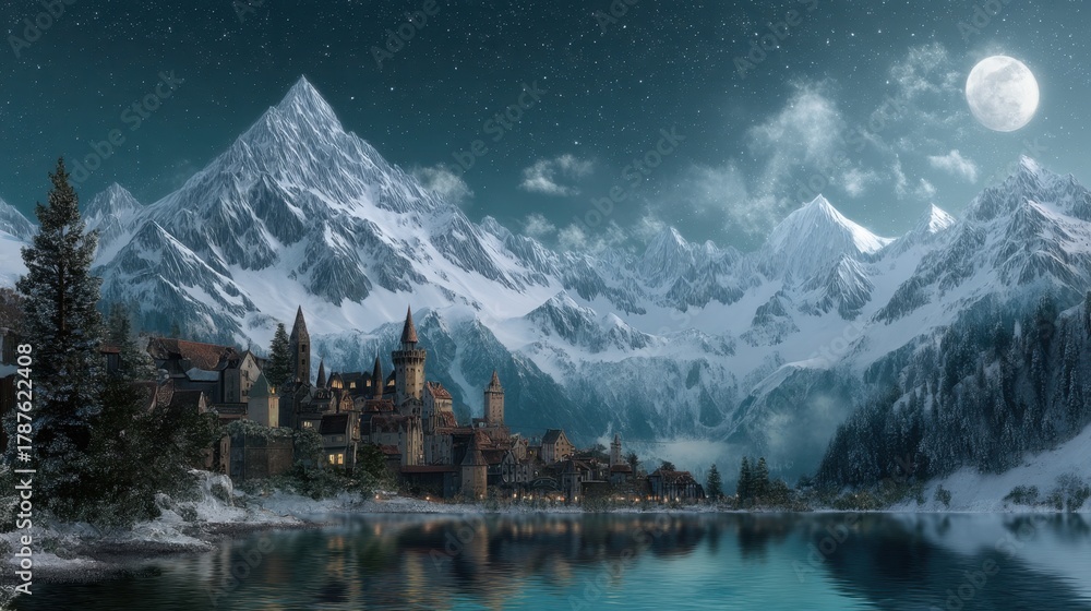 Naklejka premium Medieval castle town by alpine lake at night under full moon. Fantasy winter landscape illustration for fairy tale and adventure story.