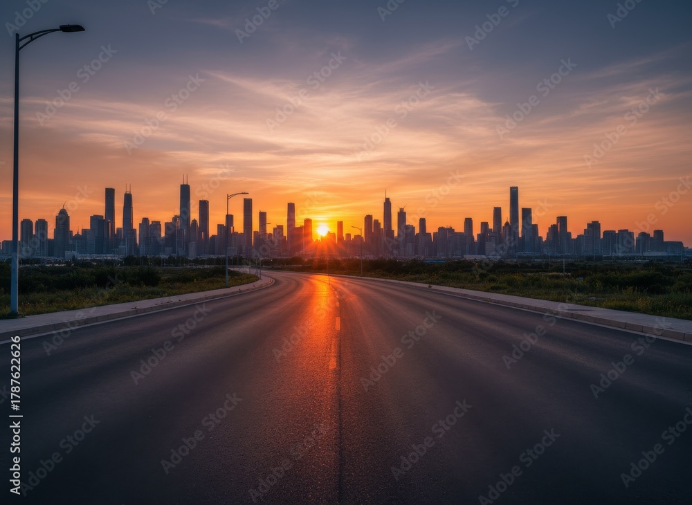 Fototapeta premium Cityscape at Sunset: A Road Leading to the Skyline Bathed in Golden Hour Light and a Beautiful Sunset