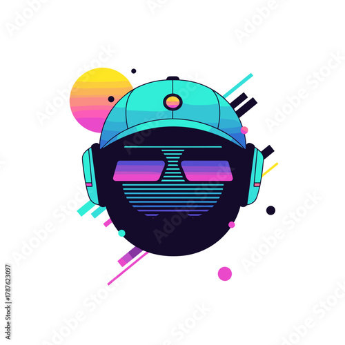 Futuristic digital avatar wearing headphones and sunglasses with abstract shapes  