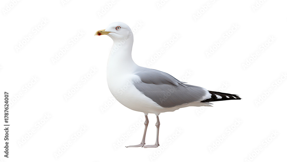 Obraz premium A solitary seagull stands gracefully against a transparent background. its distinctive gray and white feathers. poised for flight or scavenging along coastal shores