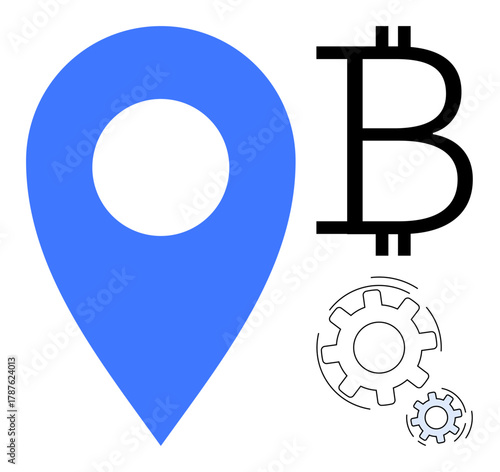 Blue location marker, Bitcoin sign, and gears representing cryptocurrency, blockchain integration, location-based services. Ideal for finance, technology, innovation, decentralization fintech