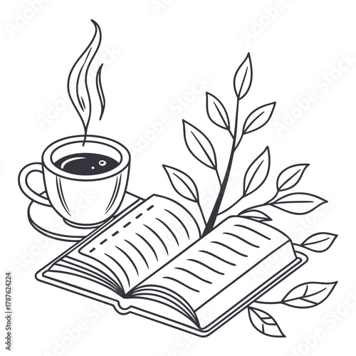 A cup of coffee and an open book with a plant