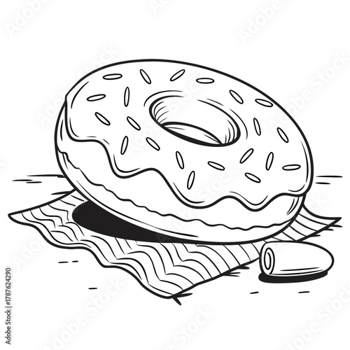 Black and white illustration of a donut on a napkin isolated background