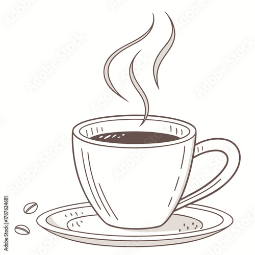 Illustration of a steaming cup of coffee with beans