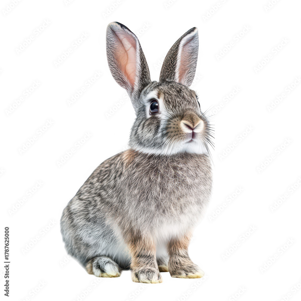 Obraz premium A fluffy rabbit sitting gracefully against a white background. its soft fur and alert expression. perfect for animal-themed projects or educational materials