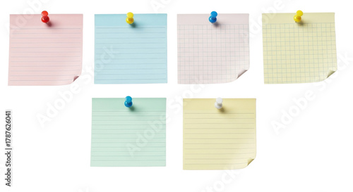 Blank colorful square memo notes pinned with pushpins ready for writing text or reminders. isolated PNG with Transparent Background