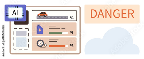 AI-powered vehicle dashboard tracks fuel level, tire pressure, and travel statistics. Displays danger alert for safety monitoring. Ideal for technology, transportation, predictive analytics, safety
