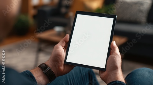a man is holding a blank tablet with a white screen for a mockup presentation in a living room at home, with a close-up view.