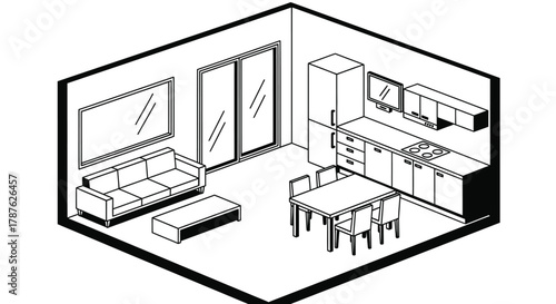 Isometric apartment floor plan living room and kitchen design idea