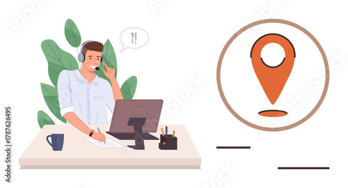 Male call center agent speaking with headset and writing at desk, surrounded by plants, next to geolocation marker. Ideal for support, communication, location, help desk, technology, navigation