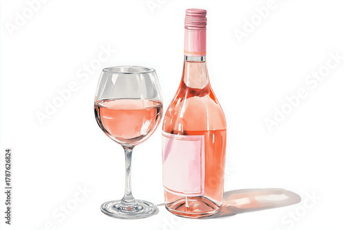 Watercolor illustration of rosé wine bottle and glass, delicate pastel pink tones, elegant watercolor style, isolated on white background