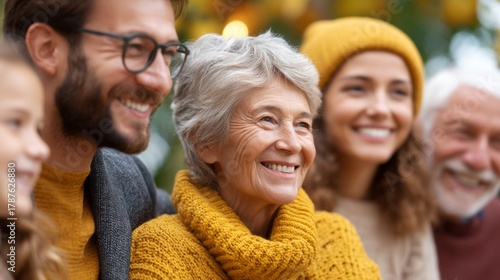 Family members of all ages gather joyfully in a park, sharing smiles and stories. The warm autumn colors create a cozy atmosphere as laughter fills the air, celebrating togetherness
