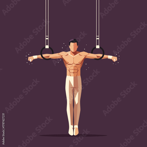 Muscular gymnast performing strength hold on rings with dynamic style