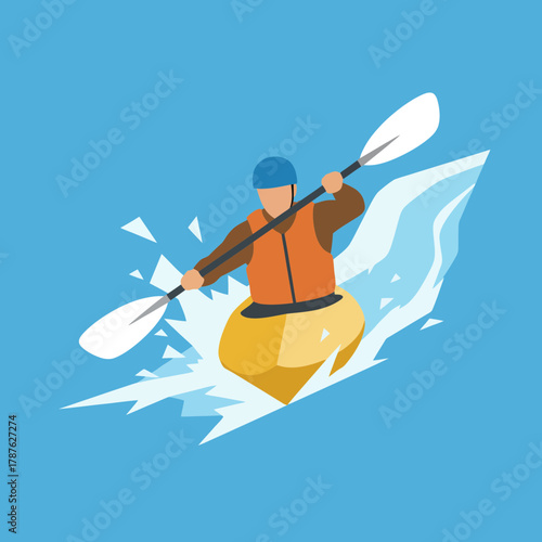 Adventurous kayaker navigates whitewater rapids with powerful paddle strokes