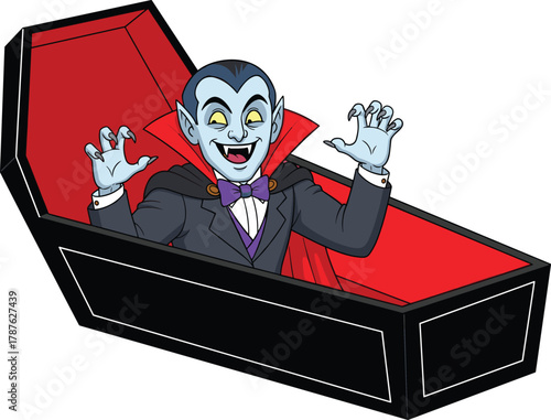 Cartoon vampire rising from coffin with scary face, fangs, cape and claws, spooky Halloween horror vector for festive design