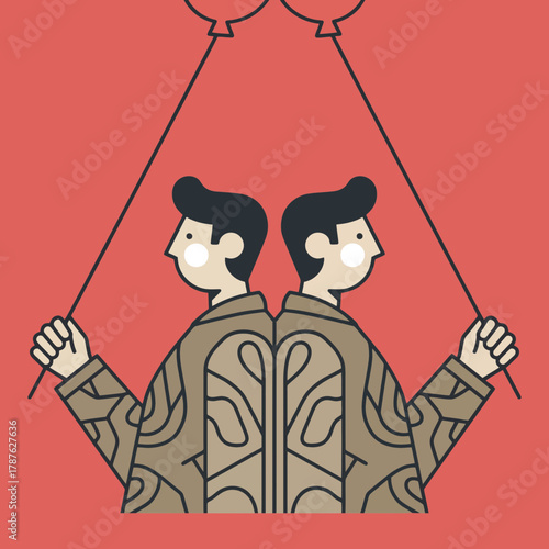 Joyful twins celebrating together, holding balloons with bright, optimistic spirit