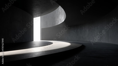 abstract background with modern abstract shapes, curved lines, and light in the center of an empty room. minimalist architecture. the concrete wall is made up of a wavy line pattern. wide format.