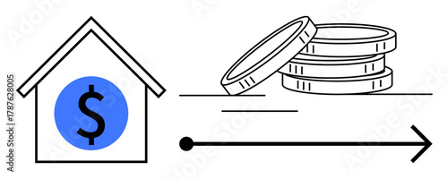 House with dollar symbol, stacked coins, directional arrow. Ideal for finance, real estate, investment, savings, mortgage economy property value. Clean and simple flat metaphor