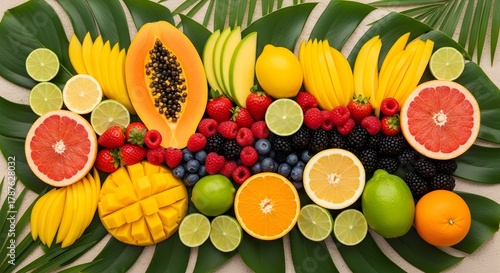 Fototapeta Naklejka Na Ścianę i Meble -  A vibrant assortment of tropical fruits arranged on lush green monstera leaves