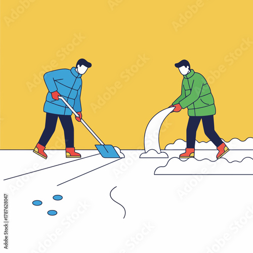 Men clearing snow, diligent winter work, teamwork, and outdoor labor.