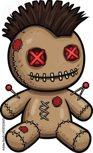 Cartoon voodoo doll with stitched body, red patches, and pins—perfect for spooky design, Halloween theme, or eerie vector art