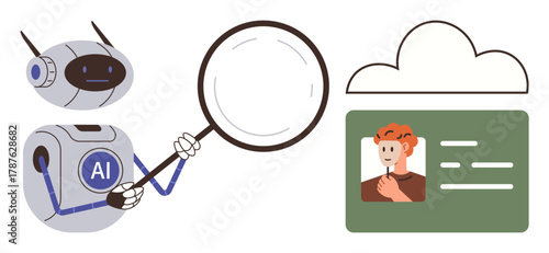 AI robot holds magnifying glass near ID card, cloud symbolizing data analysis, security, and automation. Ideal for innovation, privacy, AI research, identity verification, technology cloud storage