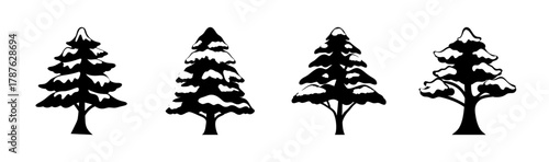 Stylized winter pine tree silhouette icons set for nature and holiday designs