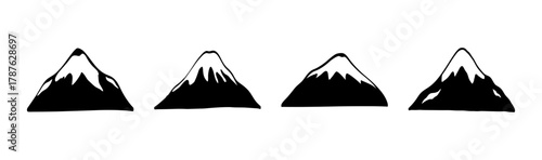 Hand-drawn vector mountain icons set, minimalist nature peaks with snowcaps