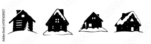 Collection of black hand-drawn winter houses with snow on roofs and ground