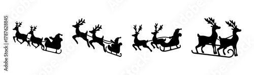Festive christmas santa claus sleigh and reindeer team black silhouettes