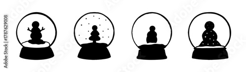 Set of four black silhouette snow globes with festive winter scene designs