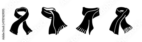 Black scarf icons, diverse styles for winter fashion, warmth, and apparel design