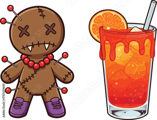 Cartoon voodoo doll with stitched details and colorful cocktail drink, perfect for Halloween party design, spooky decor, or quirky artwork