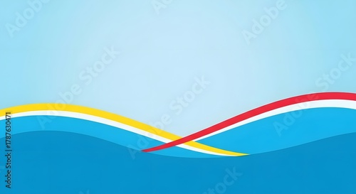 Abstract flowing waves of blue yellow and red on a light blue background