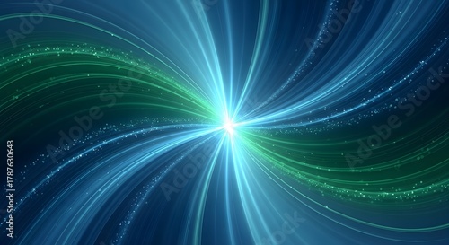 Abstract glowing blue and green energy vortex with light trails