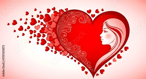 Woman s profile within a red heart dissolving into smaller hearts