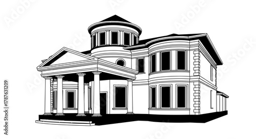 Architectural drawing of luxury mansion home with greek columns