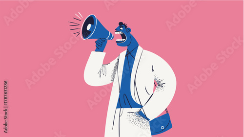 Abstract business person using a megaphone on pink background symbolising communication and leadership