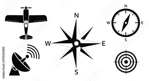 Navigation and direction icons plane compass radar target vector