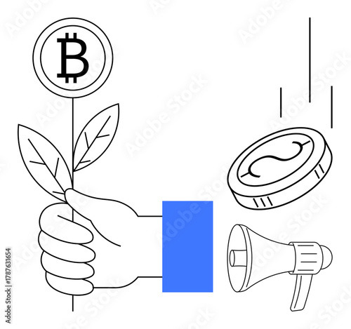 Hand nurturing a plant with Bitcoin, falling coin, and megaphone representing cryptocurrency growth, investment, finance, sustainability, blockchain, marketing and innovation. A simple flat metaphor