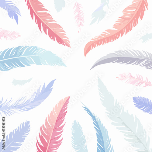 A whimsical background made of floating feathers arranged in a playful yet symmetrical layout.
